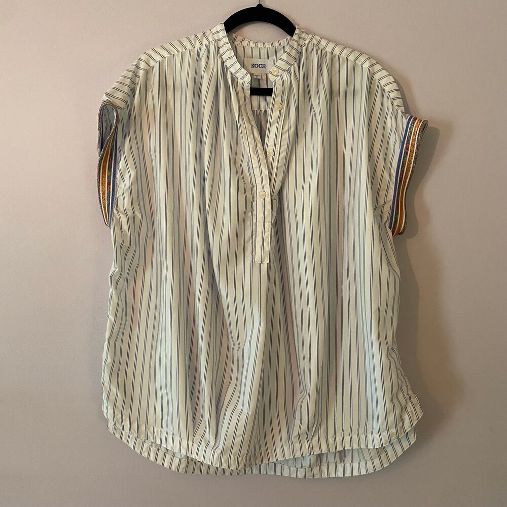 Koch White Blue Stripe Popover Fern Blouse Metallic Colorful Cuffs Boxy Medium